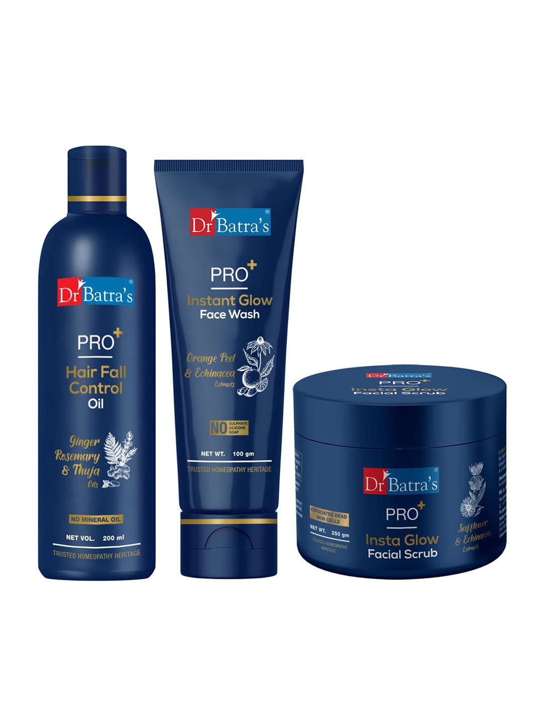 

Dr. Batras PRO+ Hair Fall Control Oil 200ml+ Instant Glow Face Wash 100g+ Face Scrub 250g, Transparent