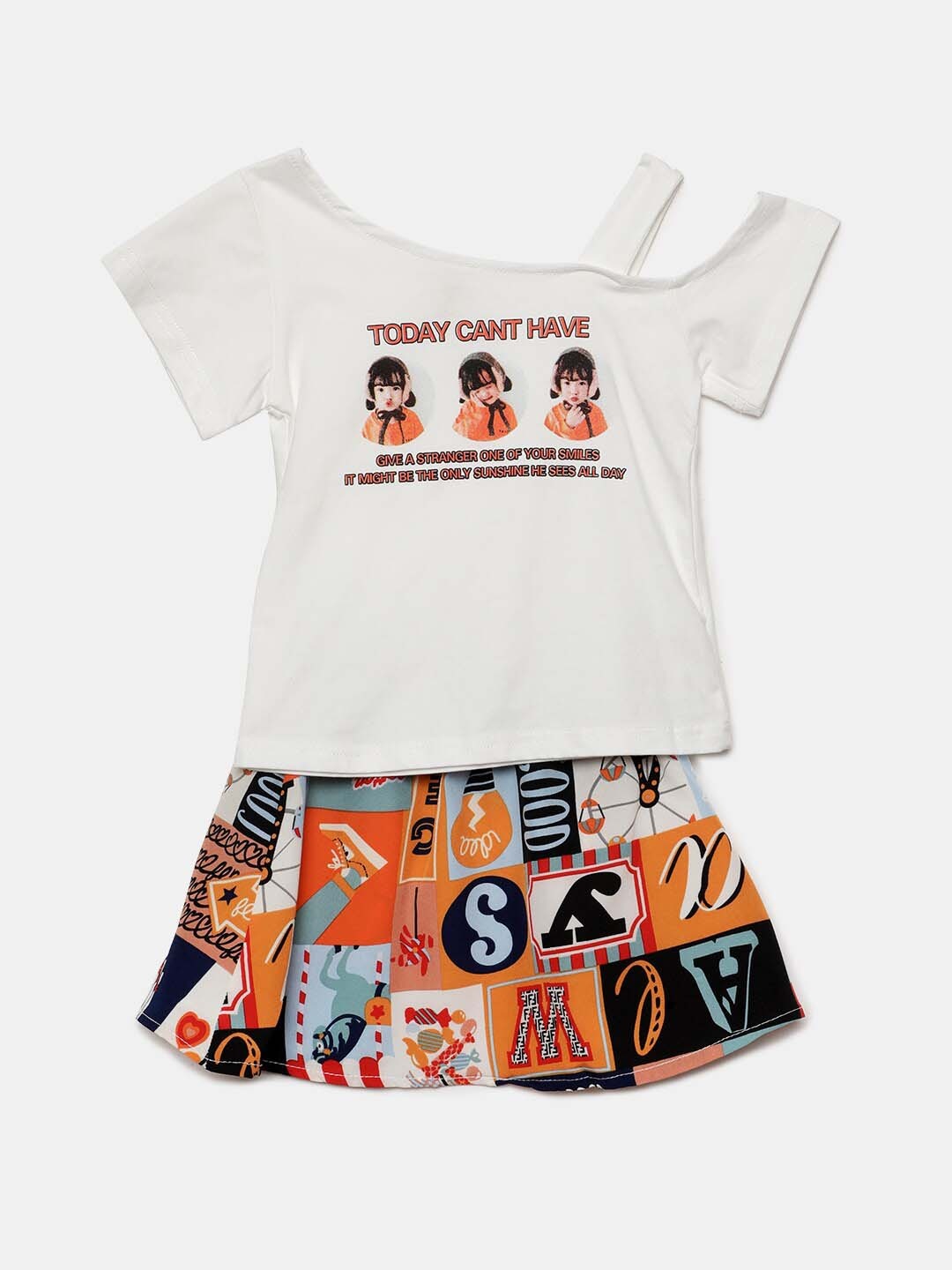 

Hopscotch Girls White & Orange Printed Top with Skirt