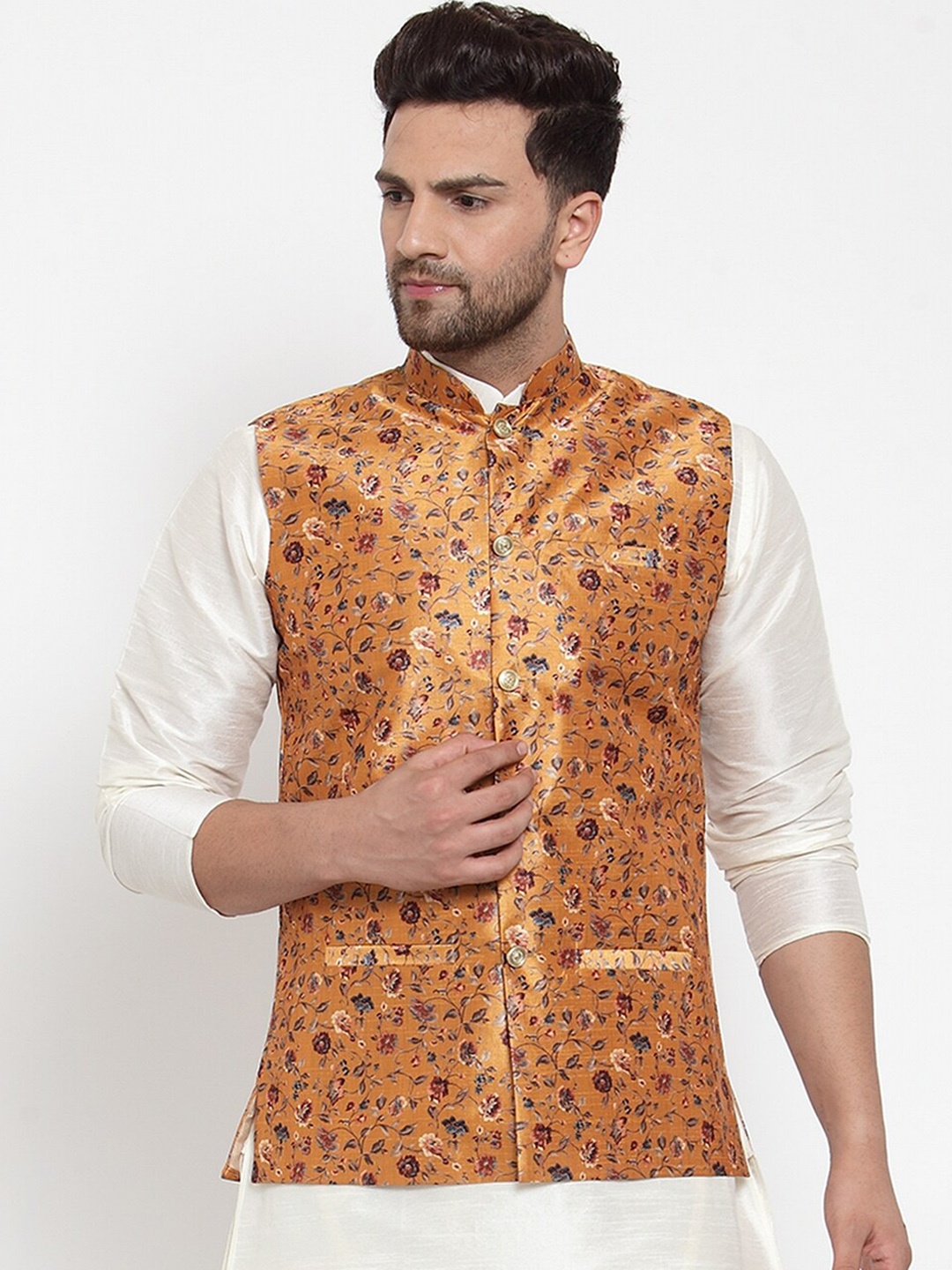 

KRAFT INDIA Men Orange & Pink Printed Woven Nehru Jacket