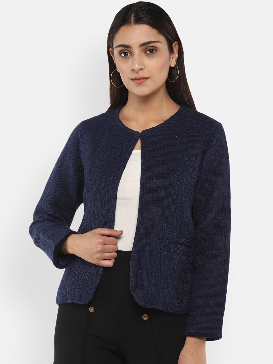 

LAMOURE BY RED CHIEF Women Navy Blue Self Design Open Front Jacket