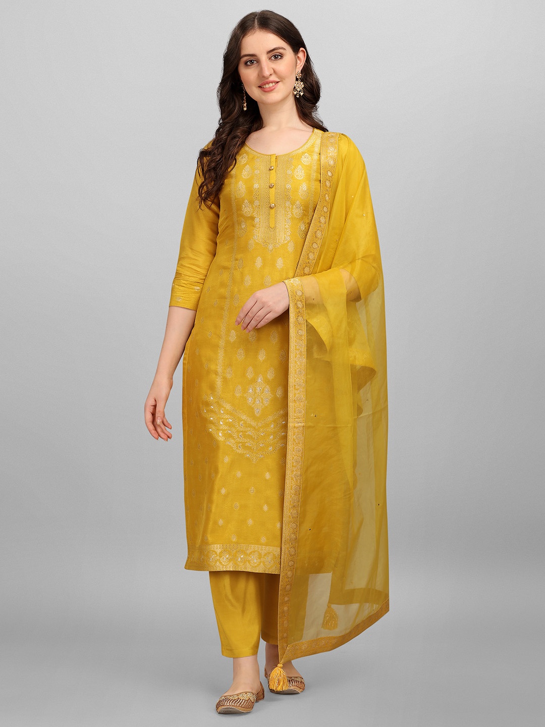 

Seerat Jacquard Ethnic Motifs Dola Silk Kurta with Salwar & With Dupatta, Mustard