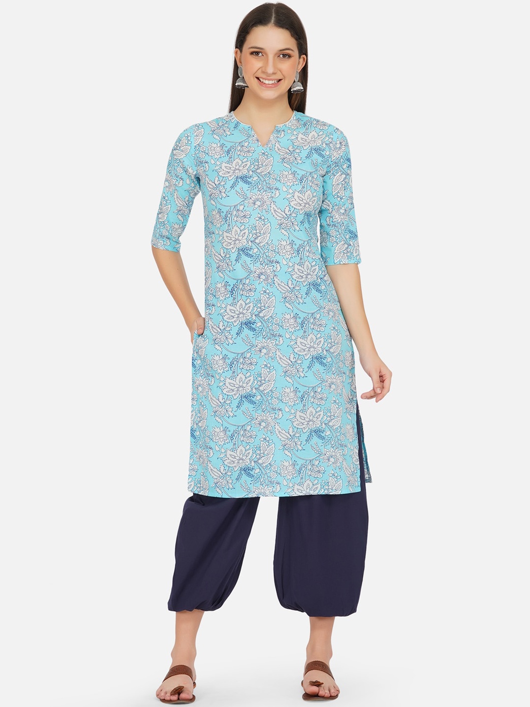 

FABNEST Women Blue Floral Printed Regular Pure Cotton Kurta with Salwar