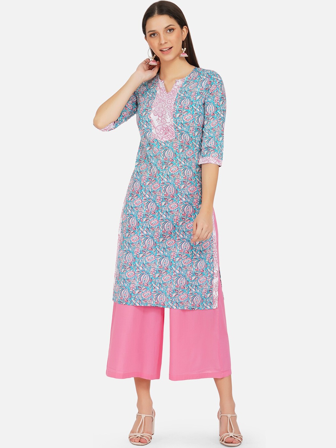 

FABNEST Women Blue Printed Regular Pure Cotton Kurta with Palazzos