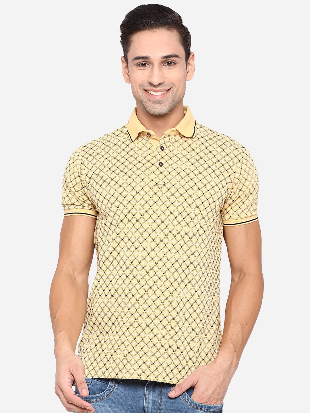 

JADE BLUE Men Yellow Self Design Polo Collar Slim Fit T-shirt