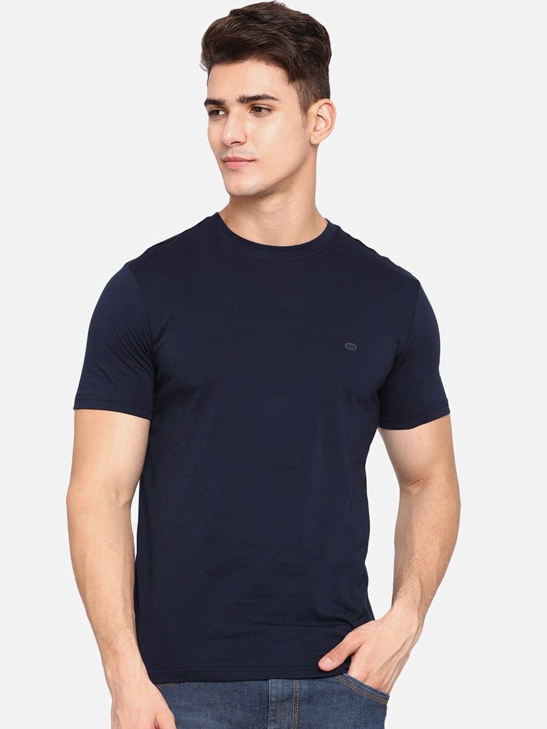 

JADE BLUE Men Pure Cotton Navy Blue Solid Regular Fit T-shirt