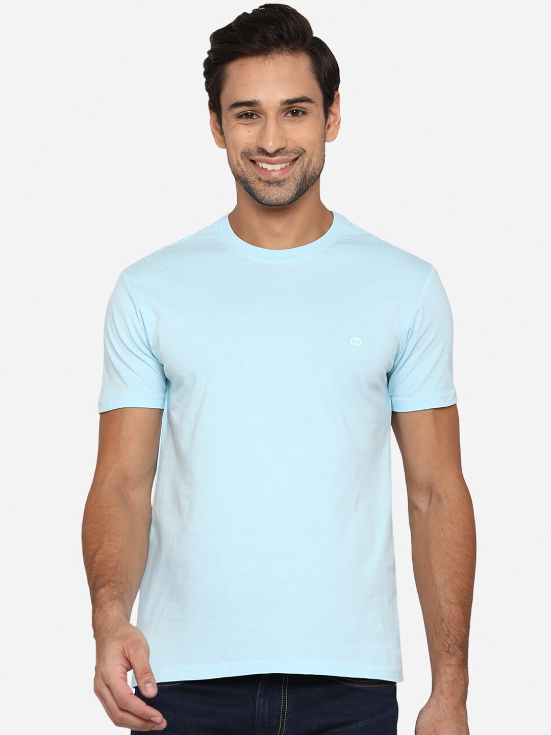 

JADE BLUE Men Pure Cotton Sea Green Solid Slim Fit T-shirt