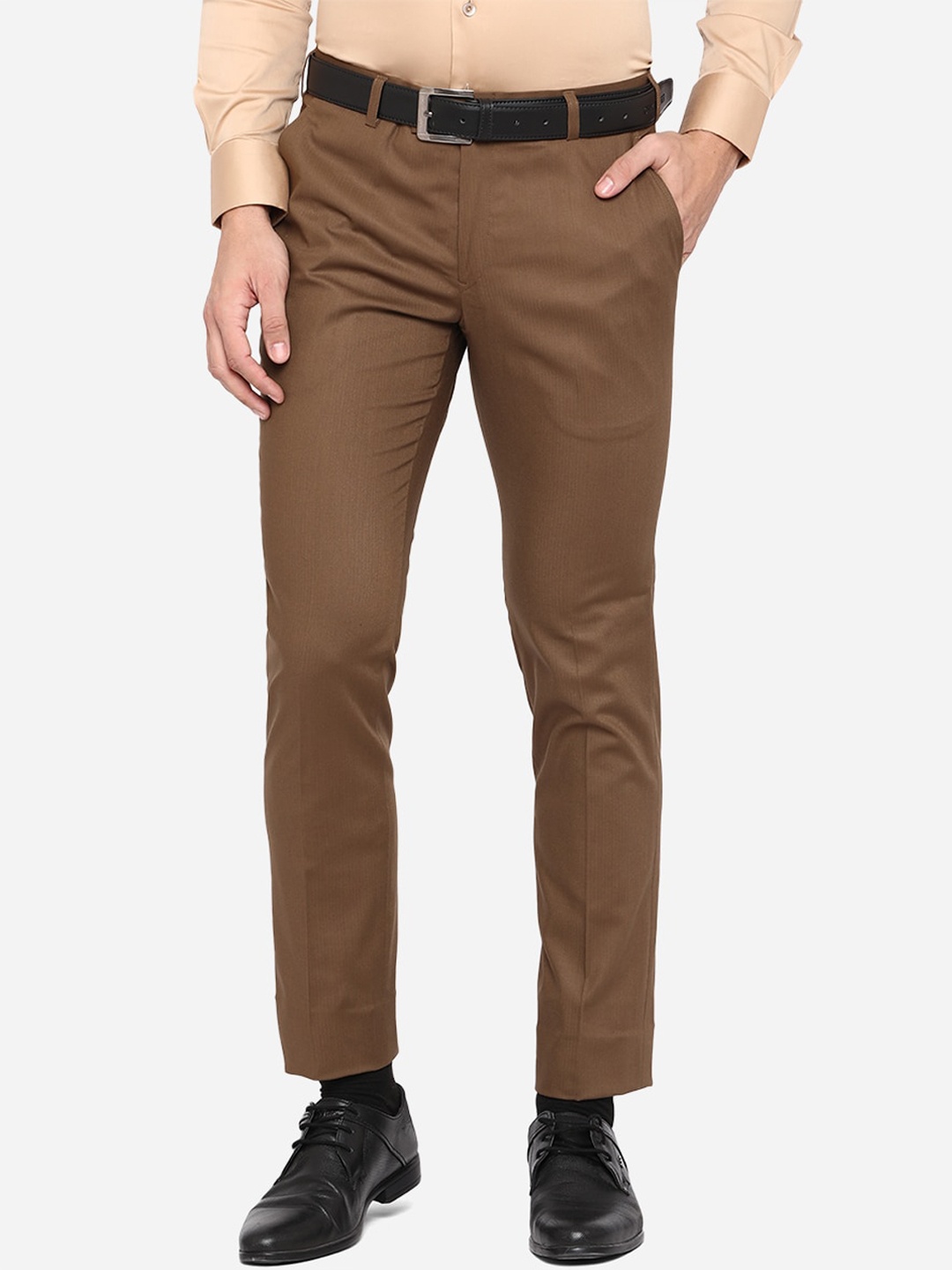 

JADE BLUE Men Brown Slim Fit Wrinkle Free Formal Trousers