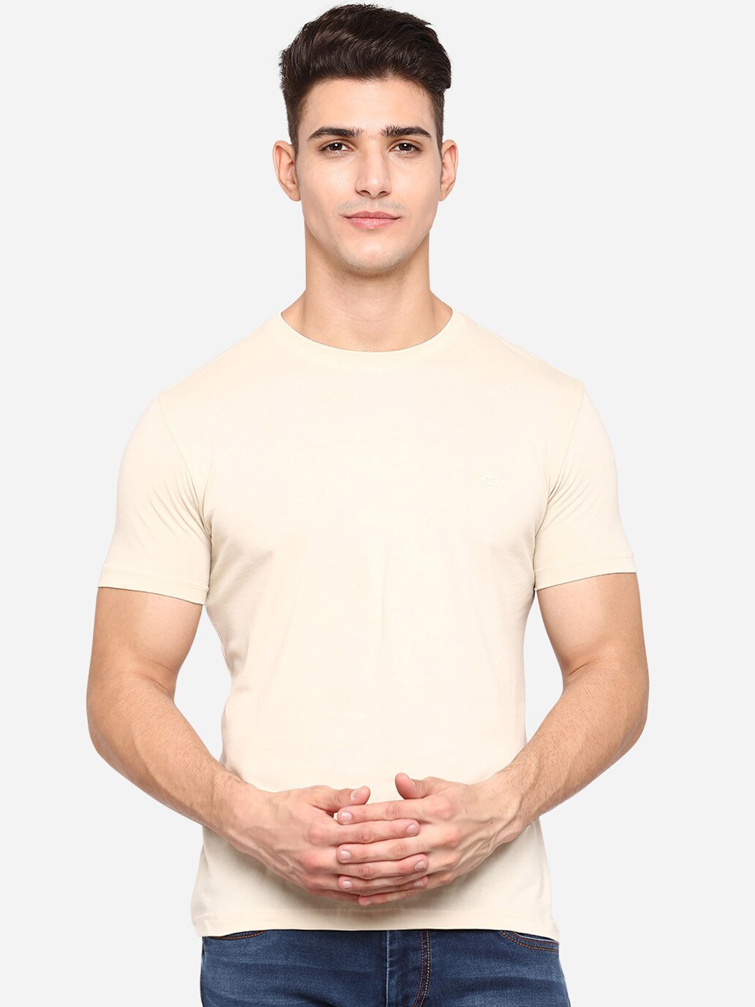 

JADE BLUE Men Cream-Coloured Raw Edge Slim Fit T-shirt