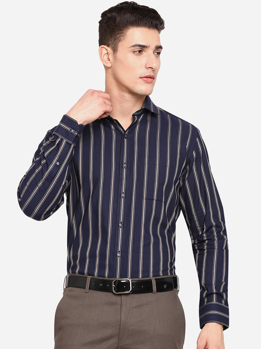 

JADE BLUE Men Navy Blue Opaque Striped Formal Shirt