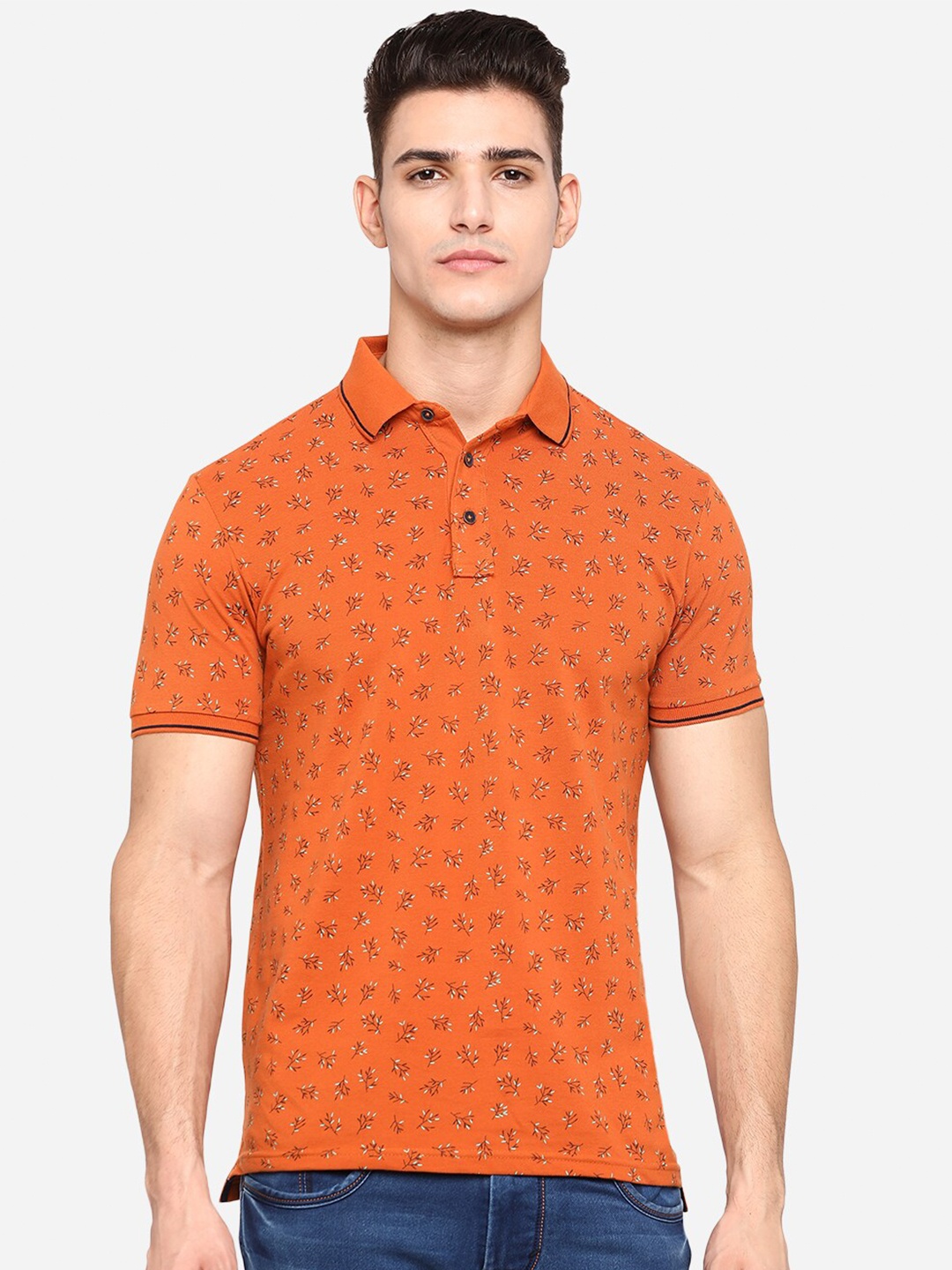 

JADE BLUE Men Orange Polo Collar Pockets Slim Fit T-shirt