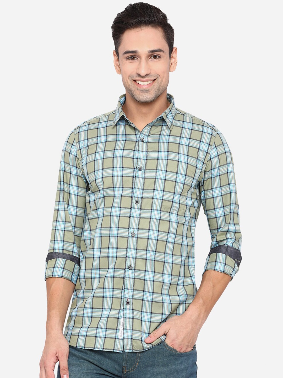 

JADE BLUE Men Blue Slim Fit Opaque Checked Casual Shirt