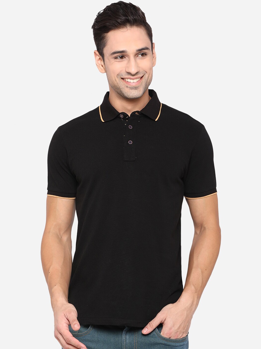 

JADE BLUE Men Black Polo Collar Applique Slim Fit T-shirt