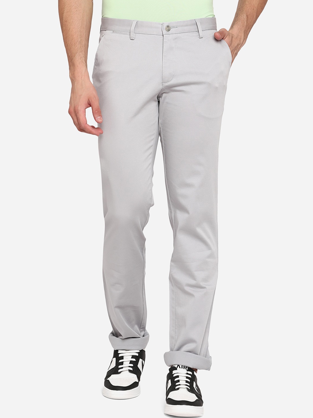 

JADE BLUE Men Grey Textured Slim Fit Wrinkle Free Trousers