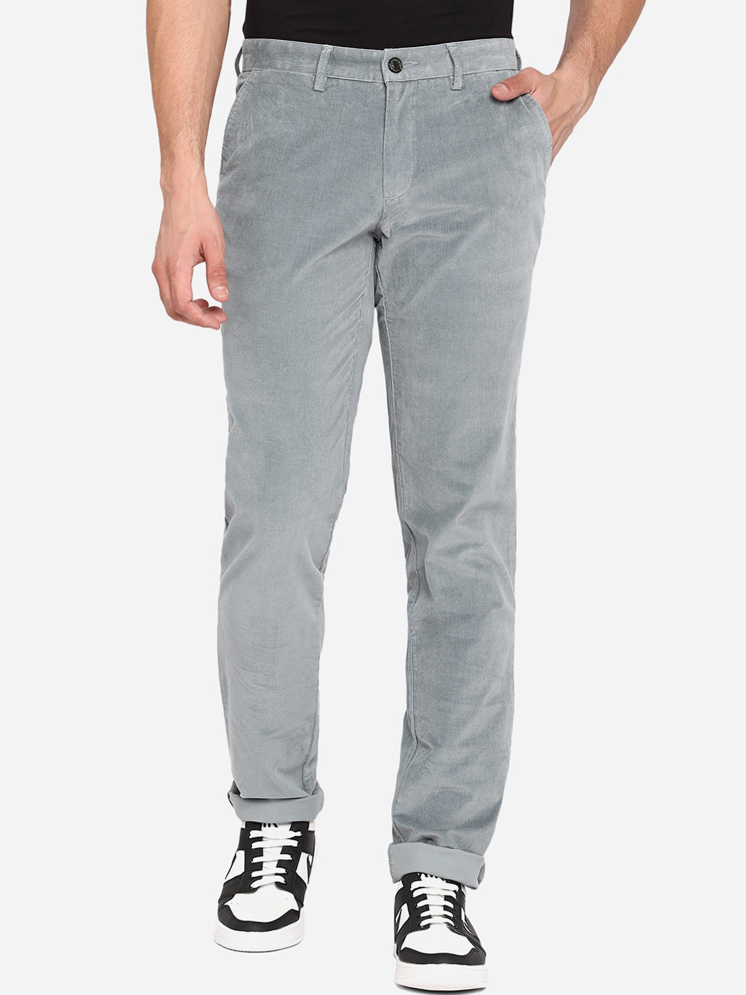 

JADE BLUE Men Grey Slim Fit Wrinkle Free Trousers