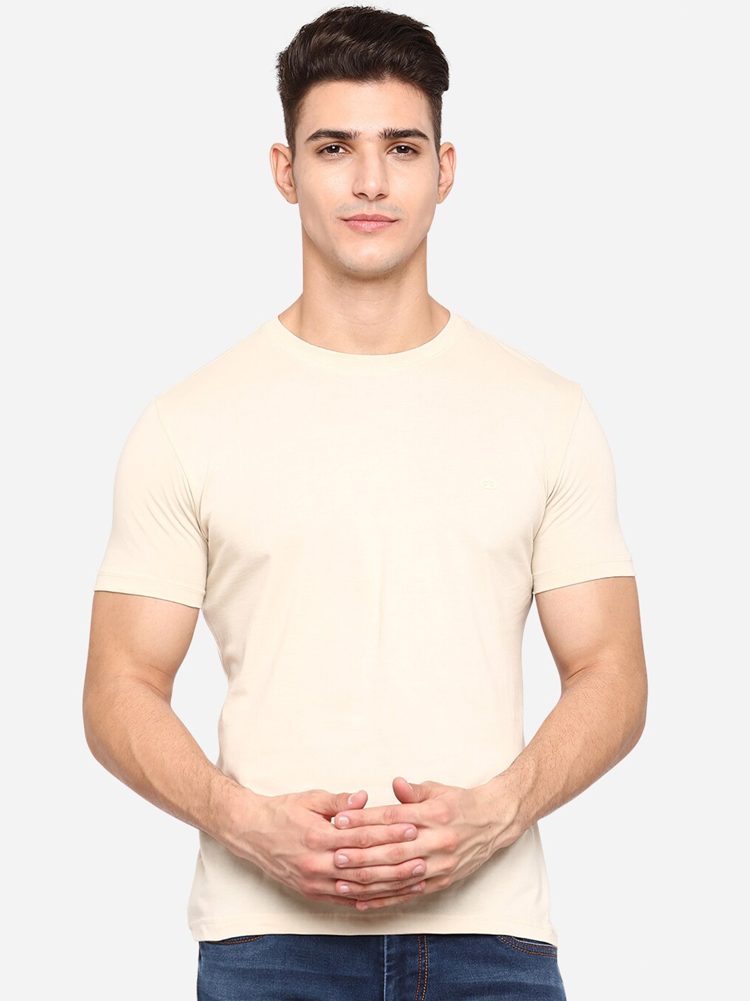 

JADE BLUE Men Cream-Coloured Raw Edge Slim Fit T-shirt