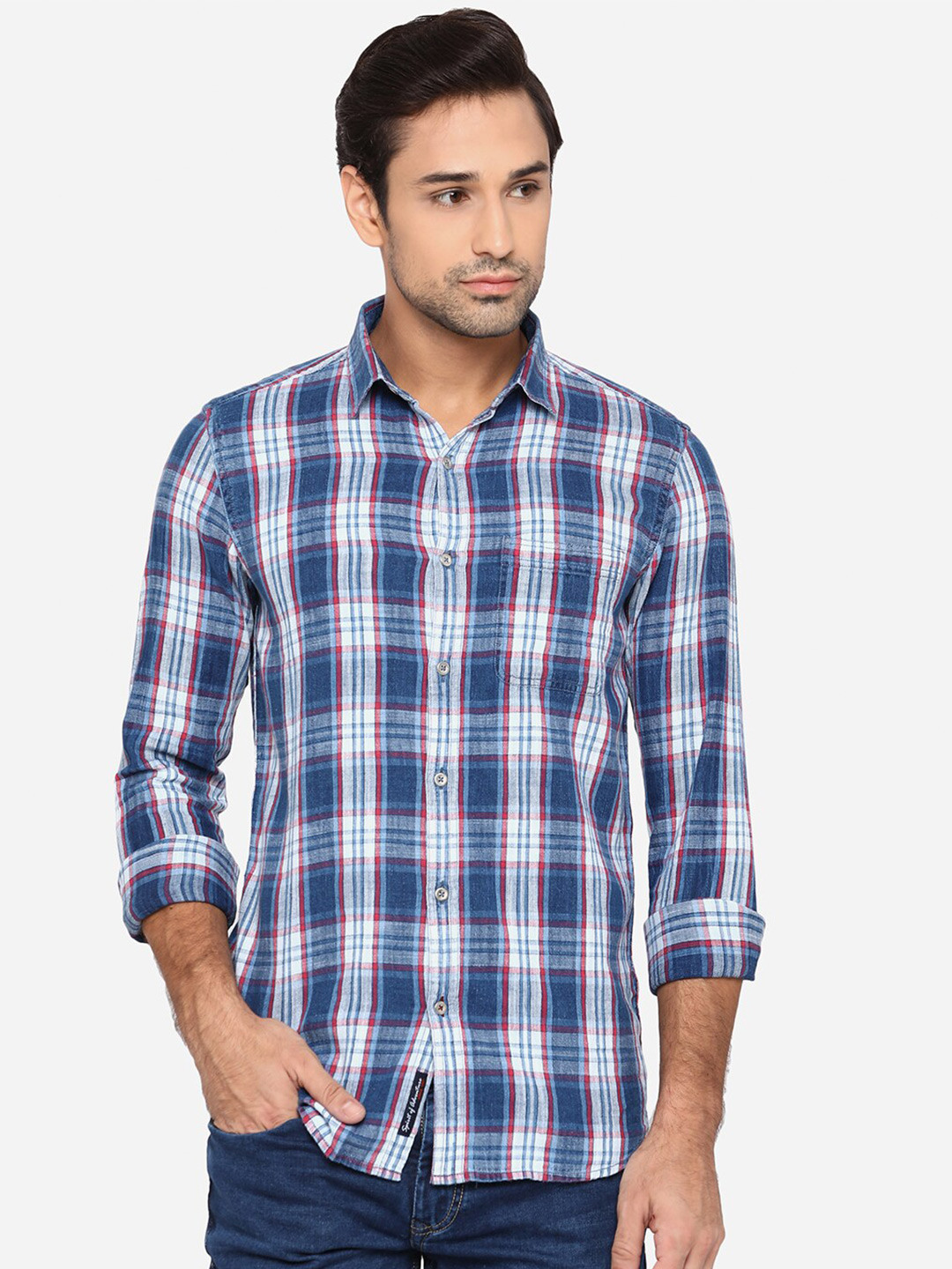 

JADE BLUE Men Blue & White Slim Fit Opaque Checked Pure Cotton Casual Shirt