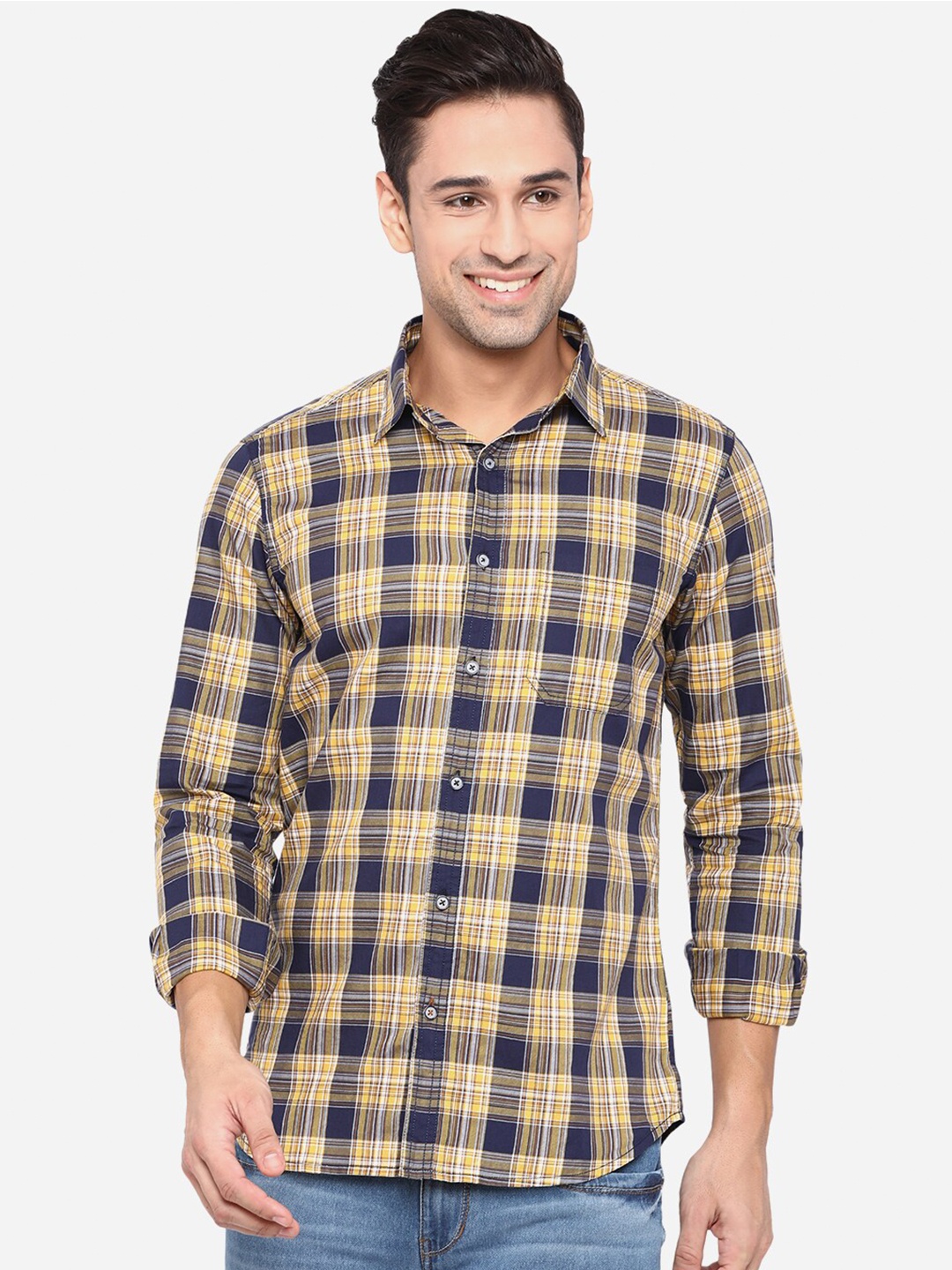 

JADE BLUE Men Yellow & Navy Blue Slim Fit Pure Cotton Checked Casual Shirt