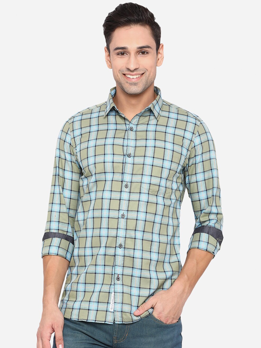 

JADE BLUE Men Blue & Green Slim Fit Opaque Checked Pure Cotton Casual Shirt