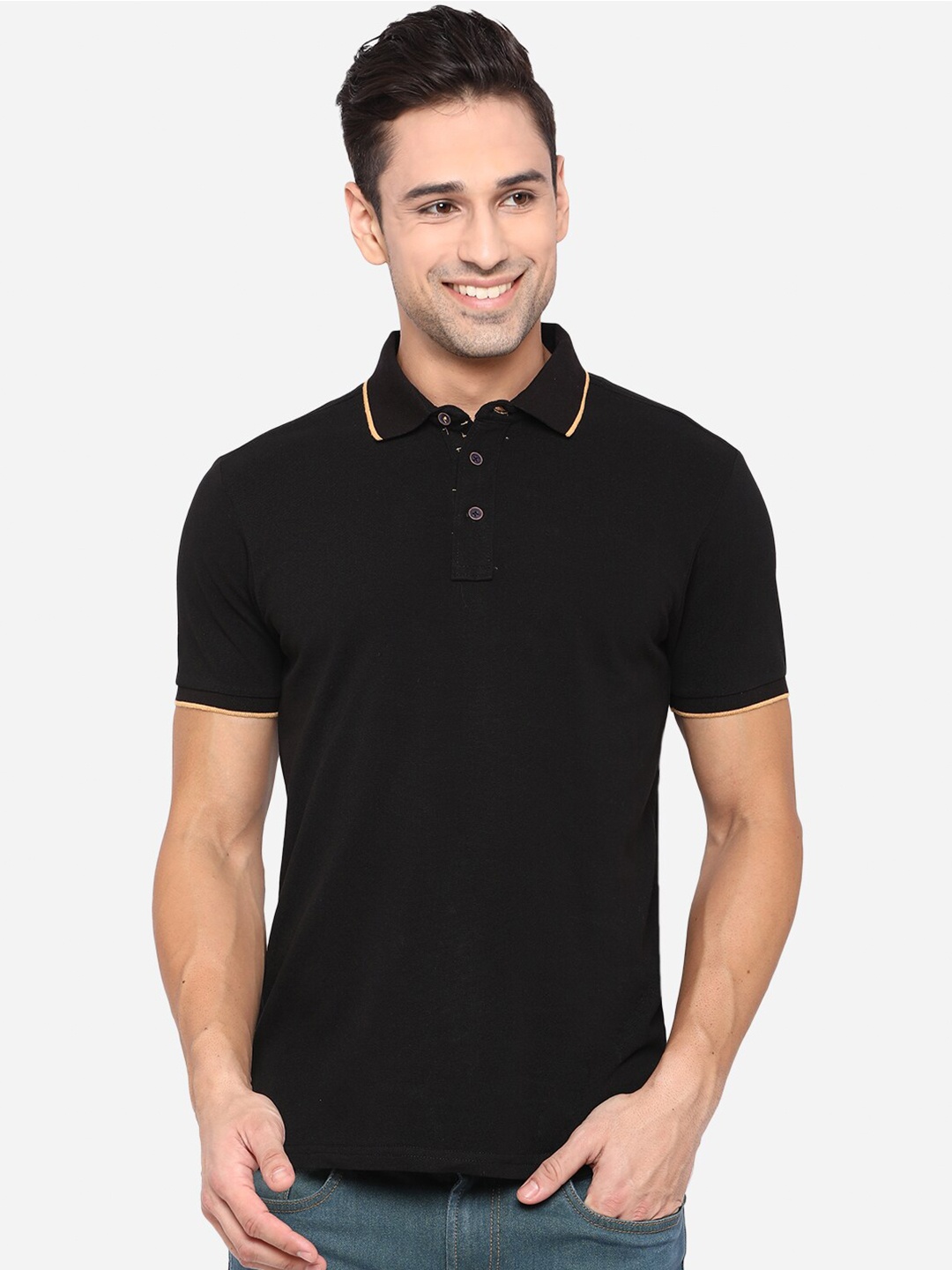 

JADE BLUE Men Black Polo Collar Applique Slim Fit T-shirt