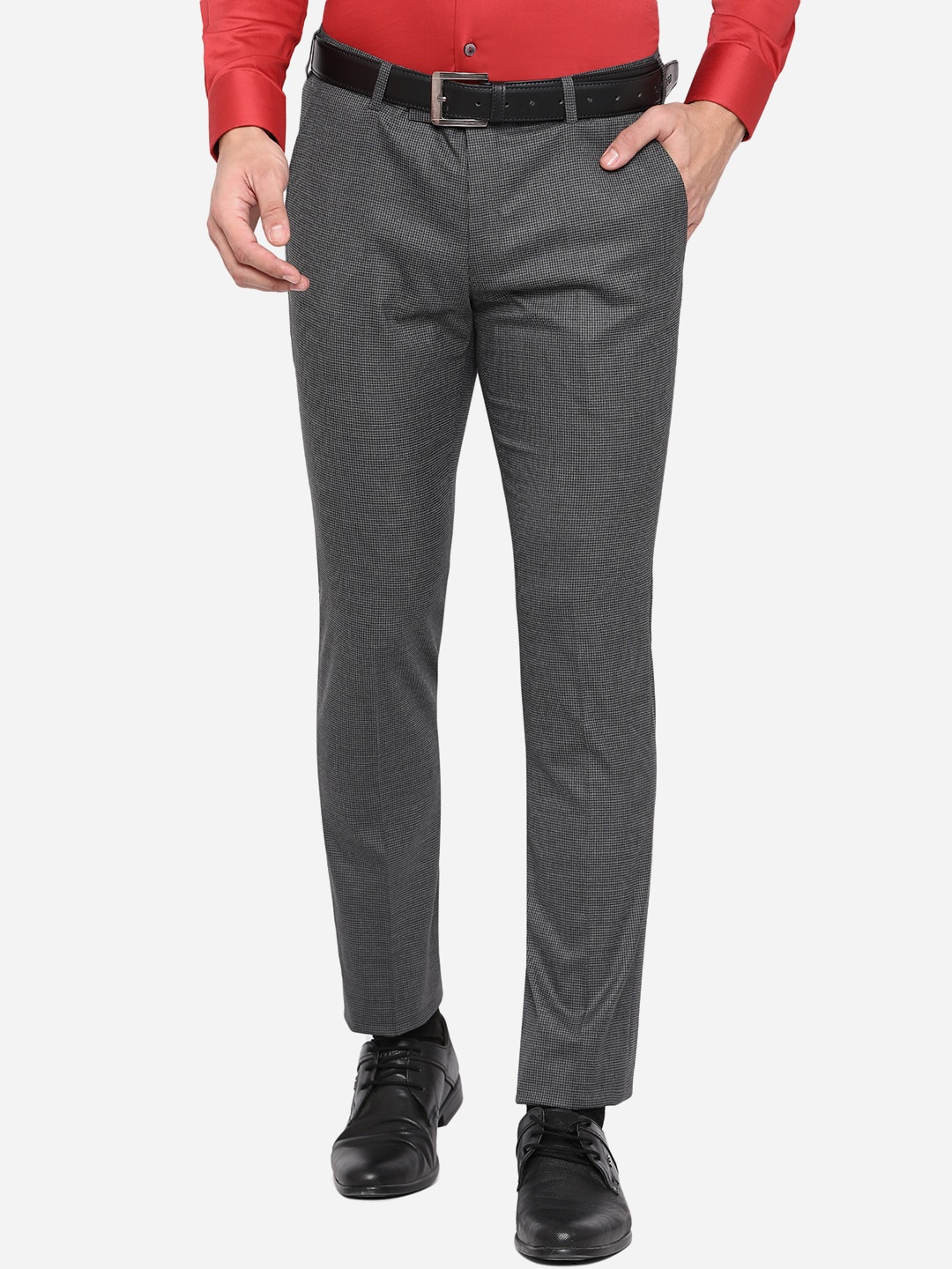 

JADE BLUE Men Grey Textured Terry Wool Slim Fit Wrinkle Free Formal Trousers