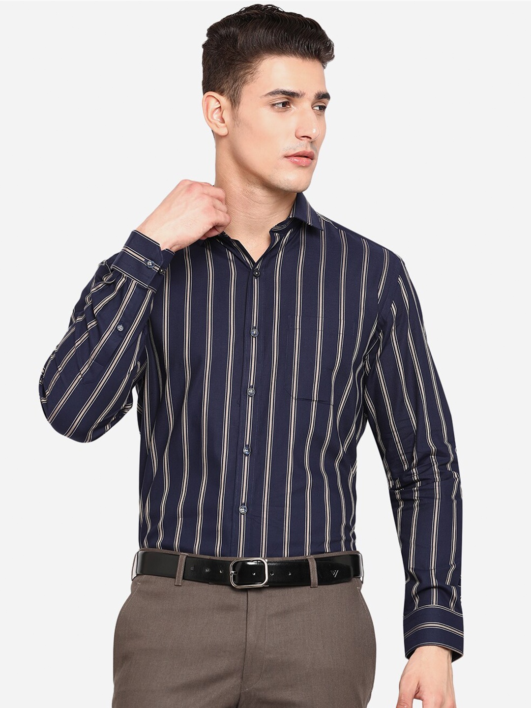 

JADE BLUE Men Navy Blue Opaque Striped Formal Shirt