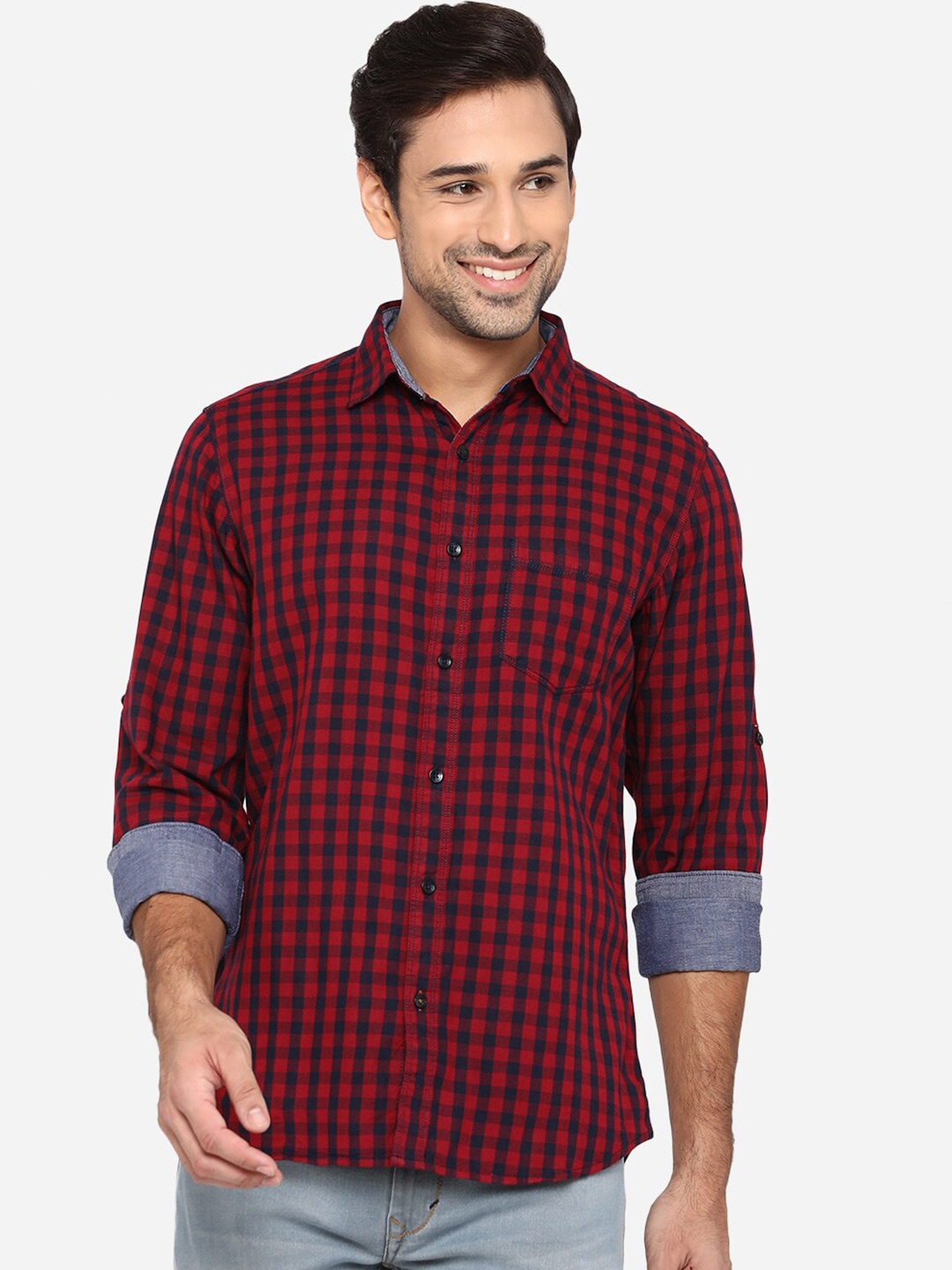 

JADE BLUE Men Red Slim Fit Opaque Checked Casual Shirt