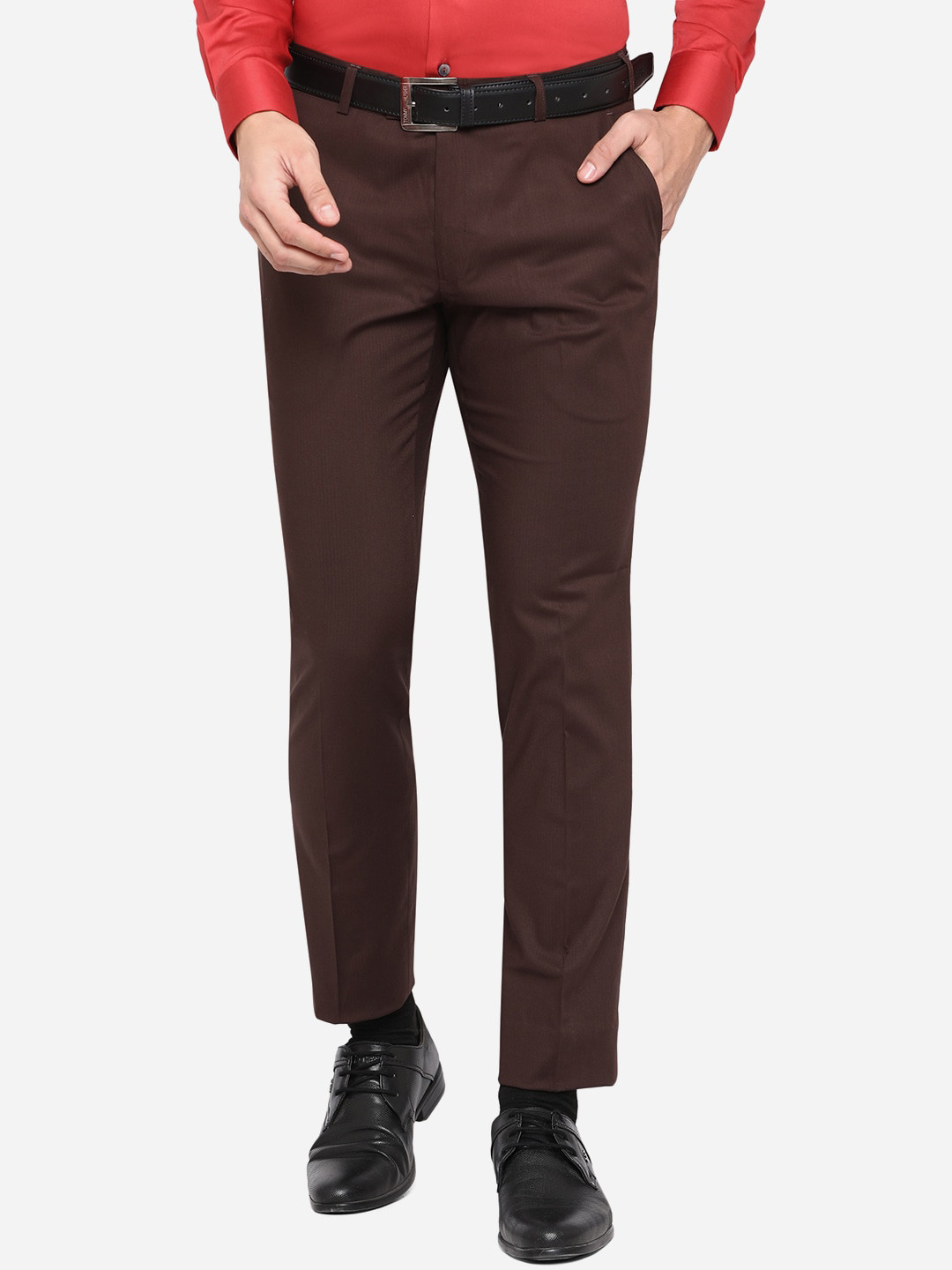

JADE BLUE Men Brown Slim Fit Wrinkle Free Formal Trousers