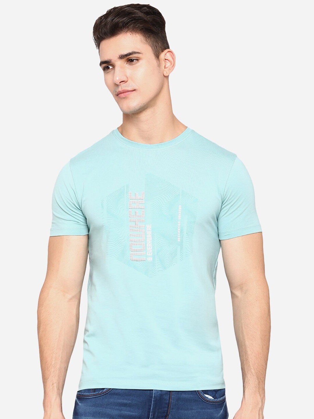 

JADE BLUE Men Turquoise Blue Printed Printed Pockets Slim Fit T-shirt