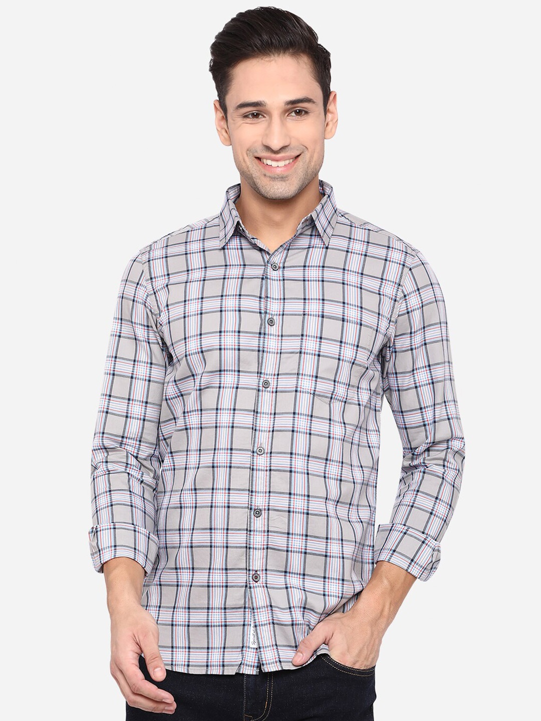 

JADE BLUE Men Grey Slim Fit Pure Cotton Checked Casual Shirt