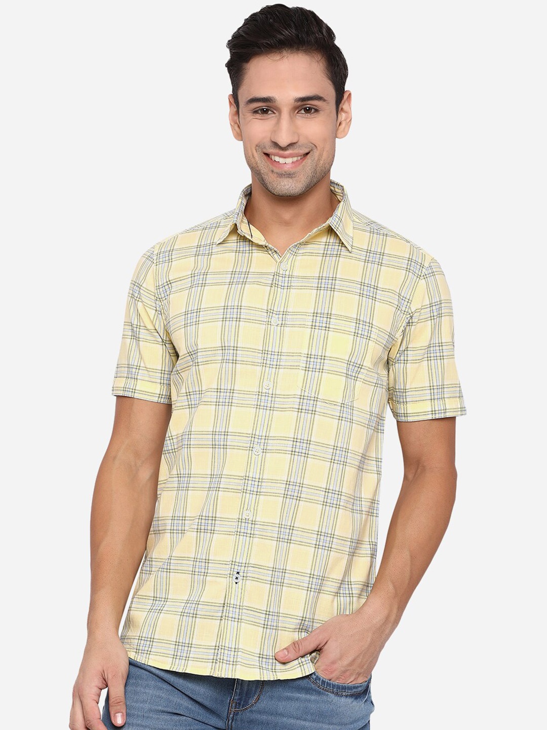 

JADE BLUE Men Yellow Slim Fit Pure Cotton Checked Casual Shirt