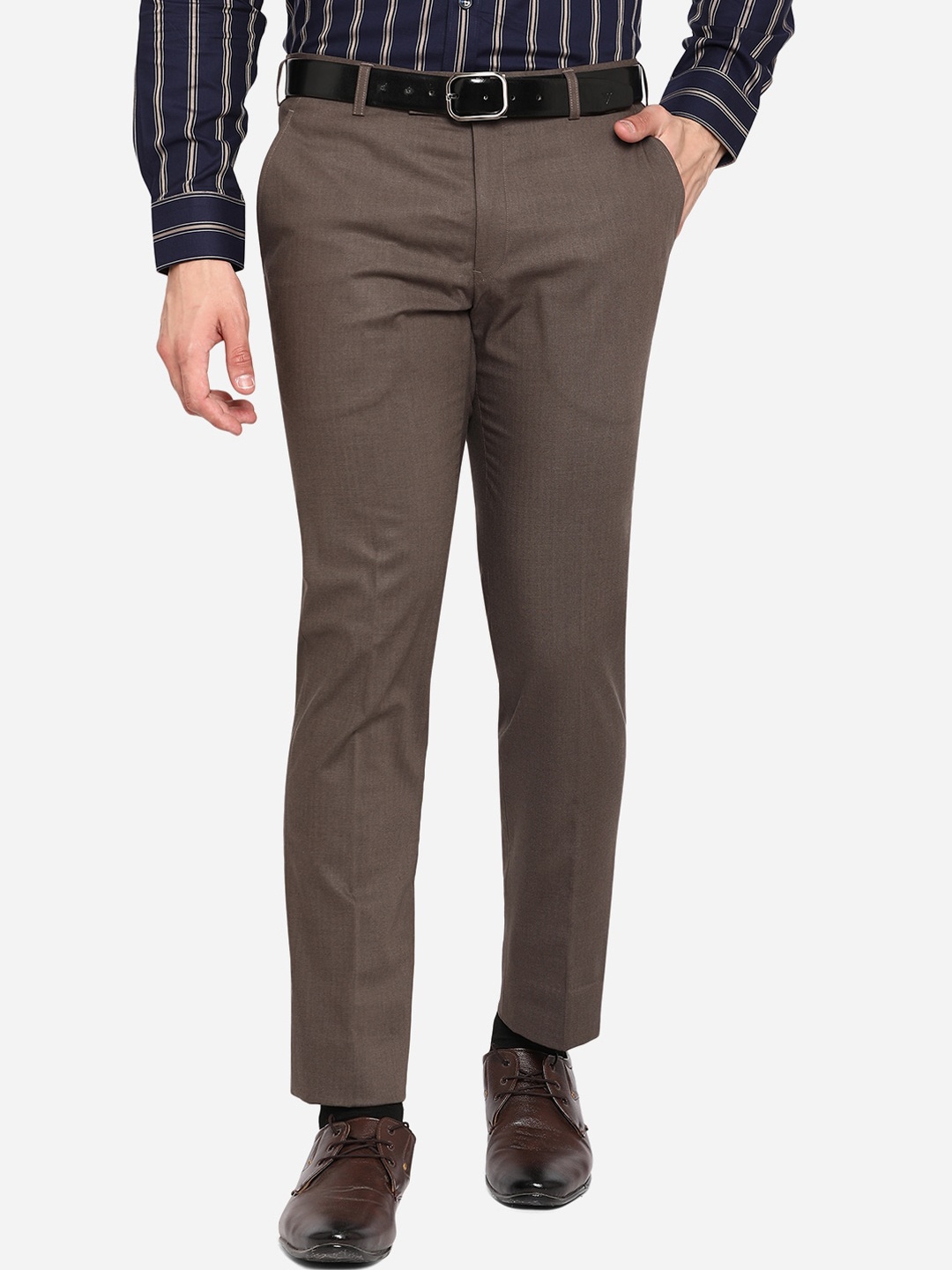

JADE BLUE Men Brown Slim Fit Wrinkle Free Formal Trousers