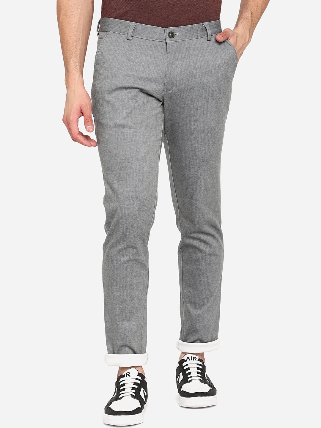 

JADE BLUE Men Grey Slim Fit Wrinkle Free Pure Cotton Trousers