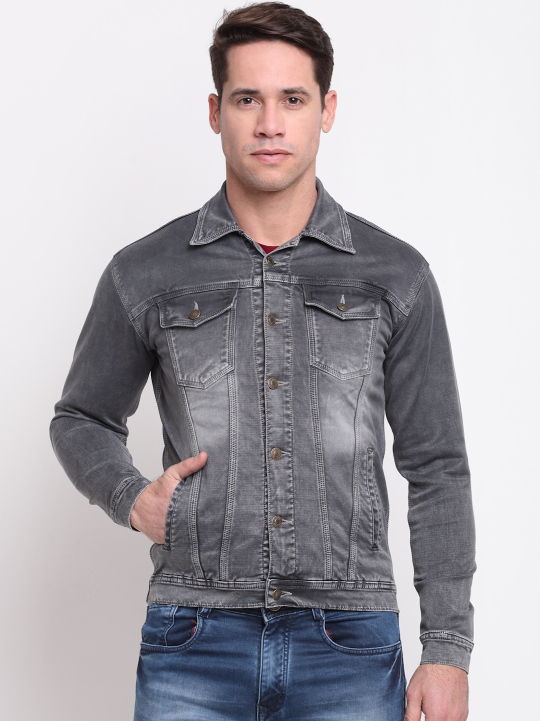 

Rodamo Men Grey Washed Denim Jacket with Patchwork
