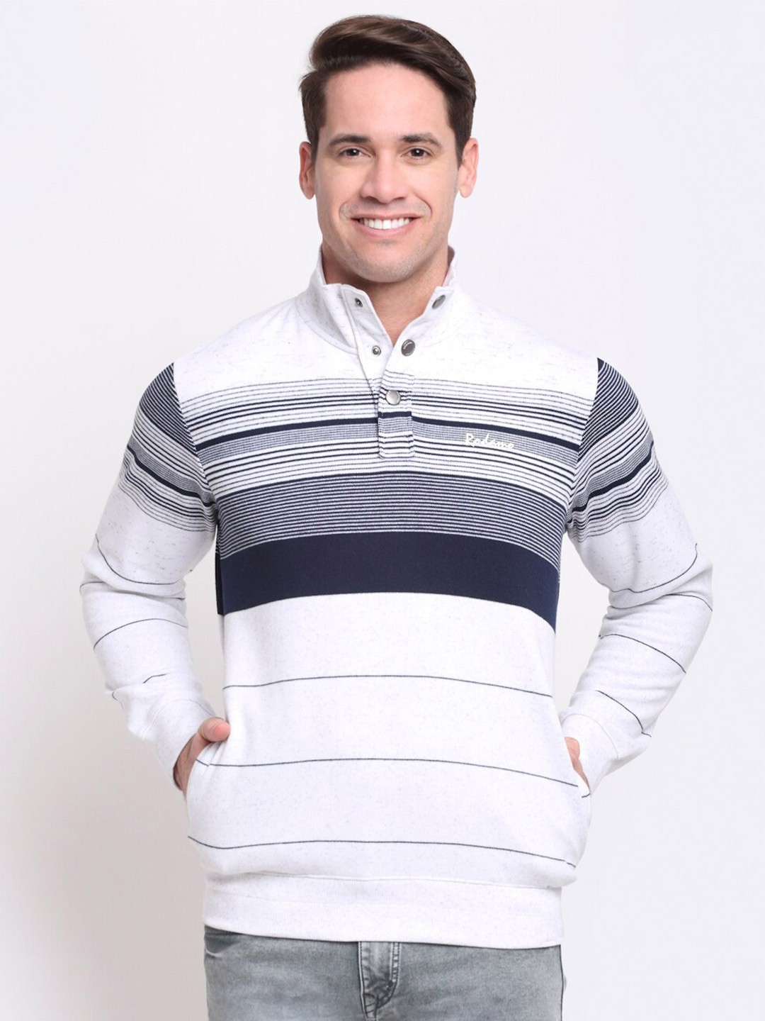 

Rodamo Men White & Navy Blue Striped Sweatshirt