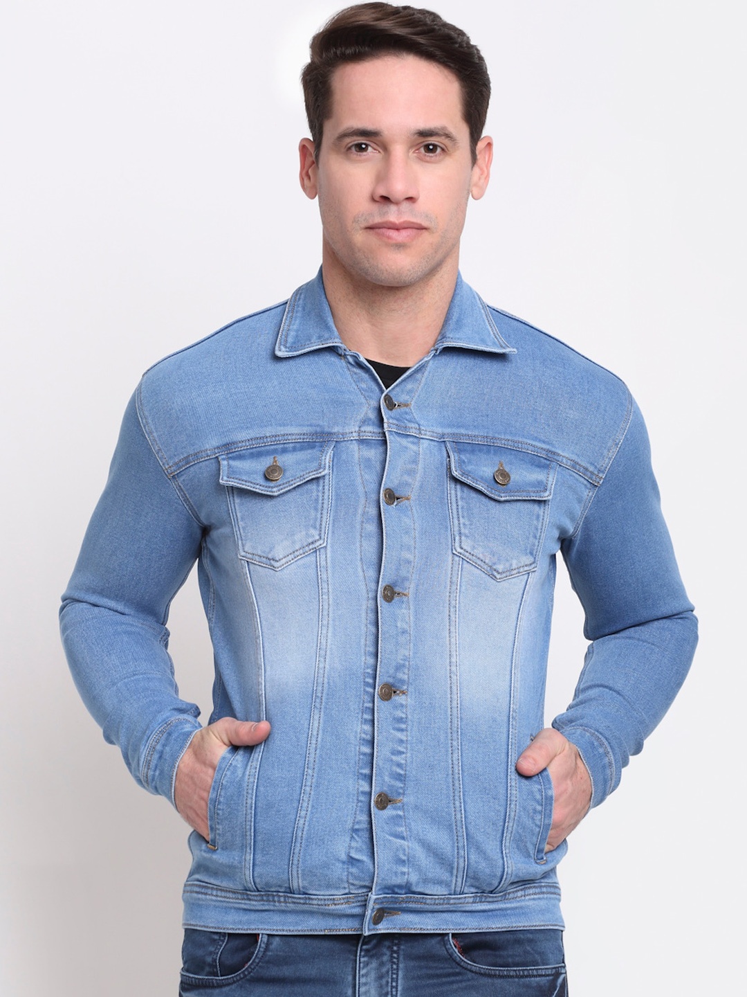 

Rodamo Men Blue Washed Denim Jacket with Patchwork