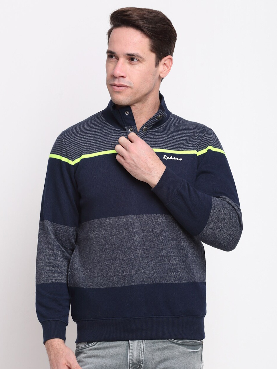 

Rodamo Men Navy Blue & Grey Striped Sweatshirt