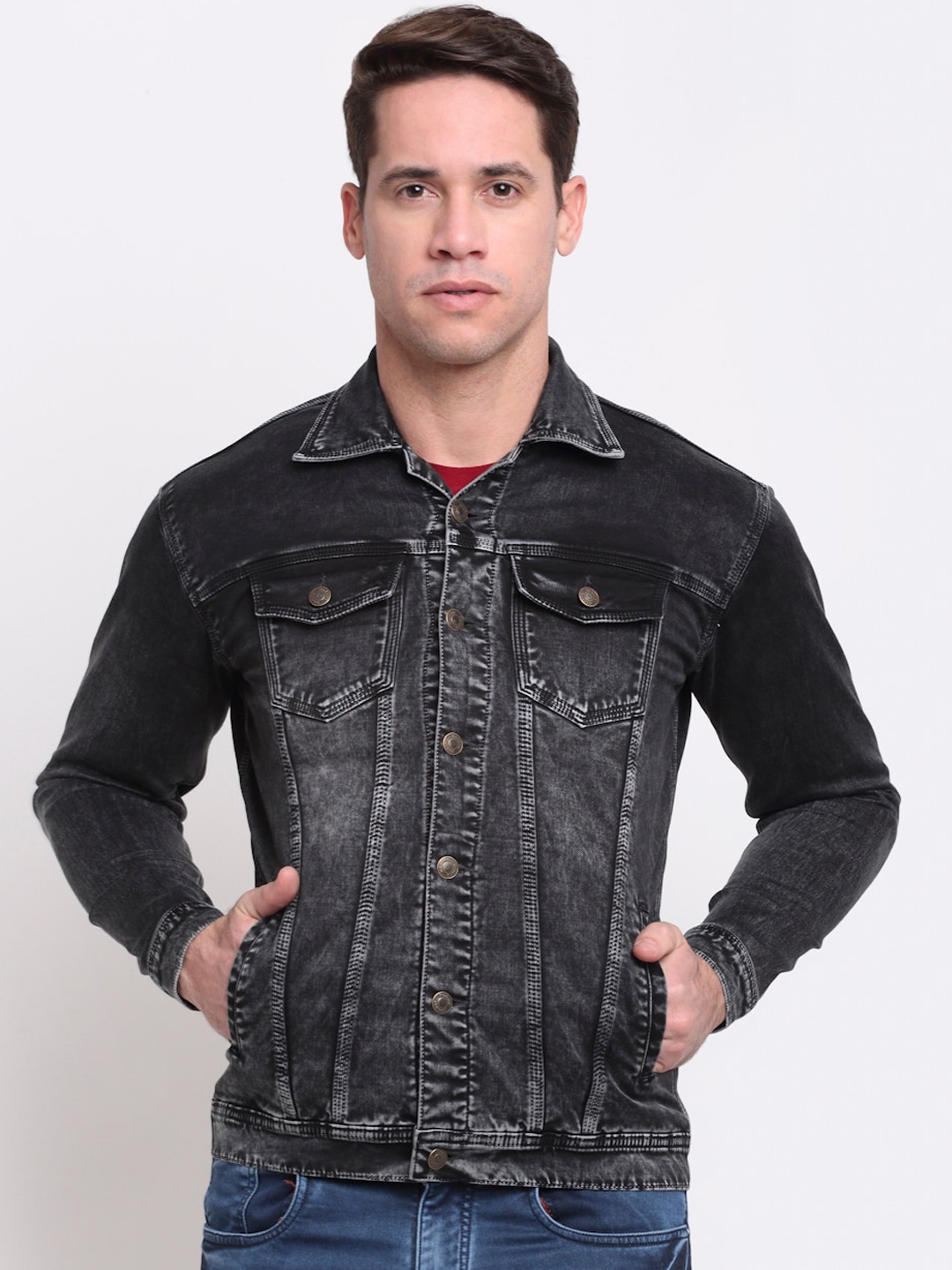 

Rodamo Men Black Slim Fit Washed Cotton Denim Jacket