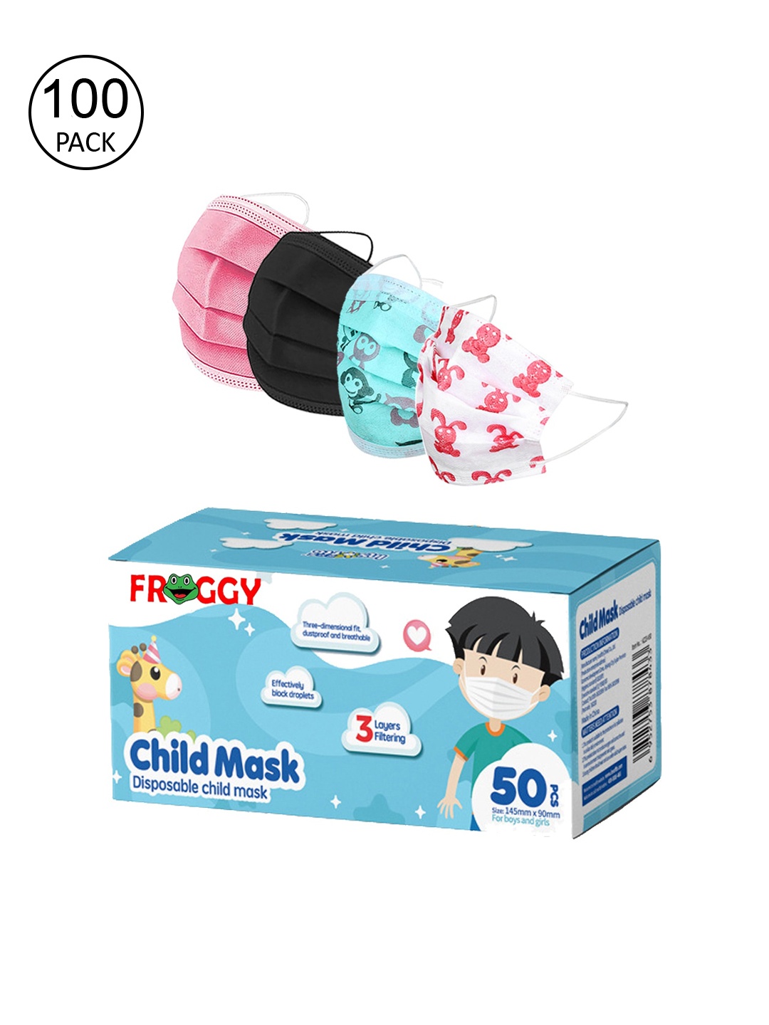 

FROGGY Kids Set Of 100 Anti-Pollution Disposable Masks, Pink
