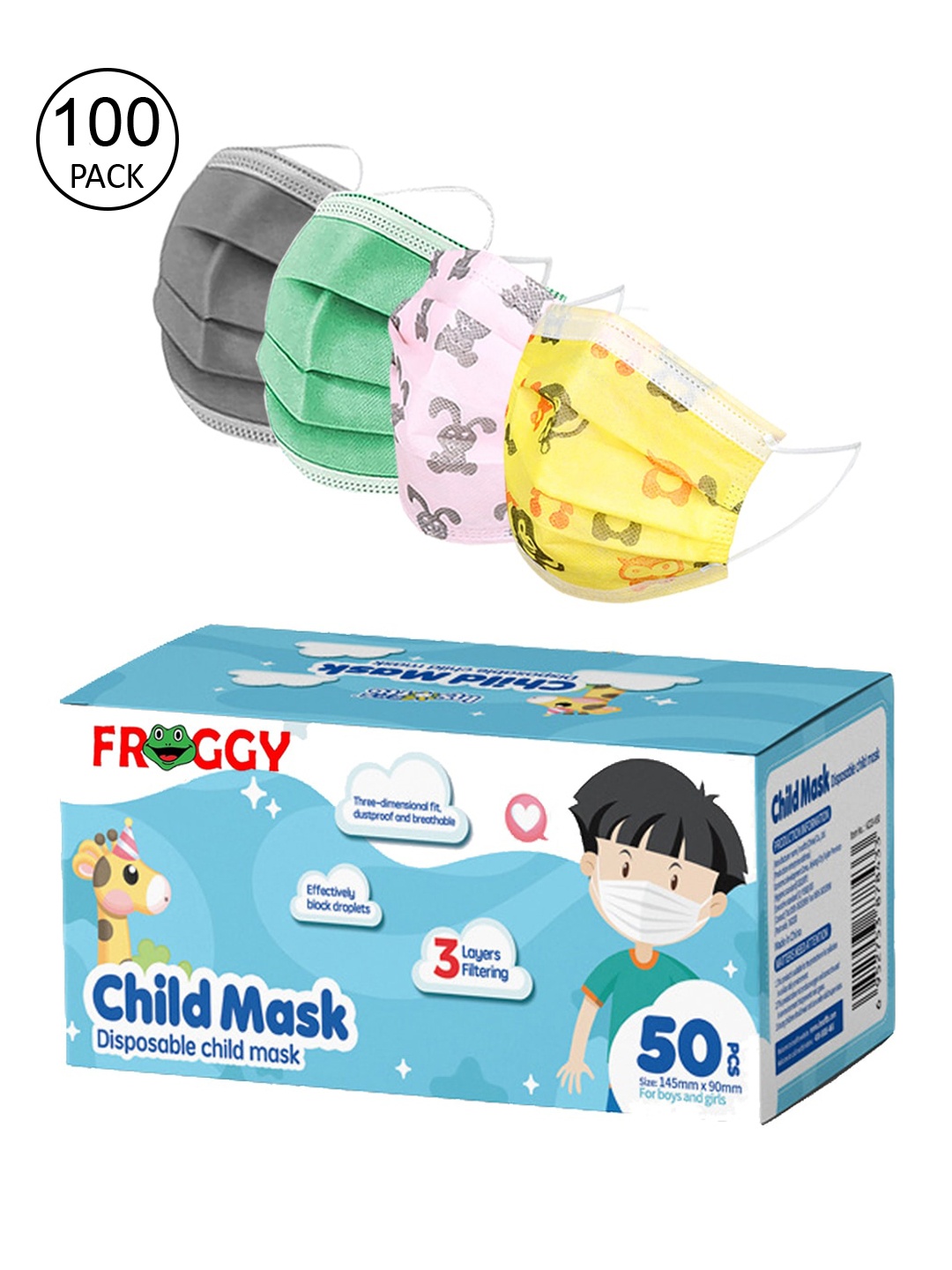

FROGGY Kids Pack Of 100 Assorted 3-Ply Anti-Pollution Mask