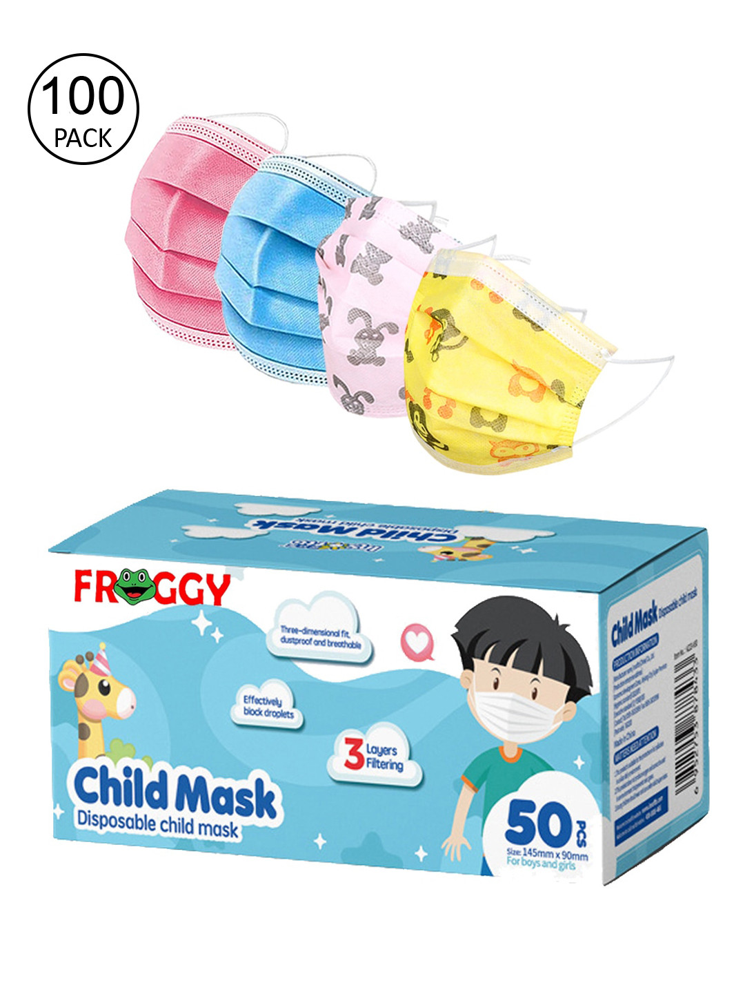 

FROGGY Kids Set Of 100 Anti-Pollution Disposable Masks, Pink