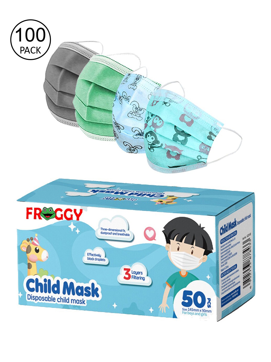 

FROGGY Unisex Pack Of 100 Assorted 3ply Anti-Pollution Mask With Nose-Pin, Grey