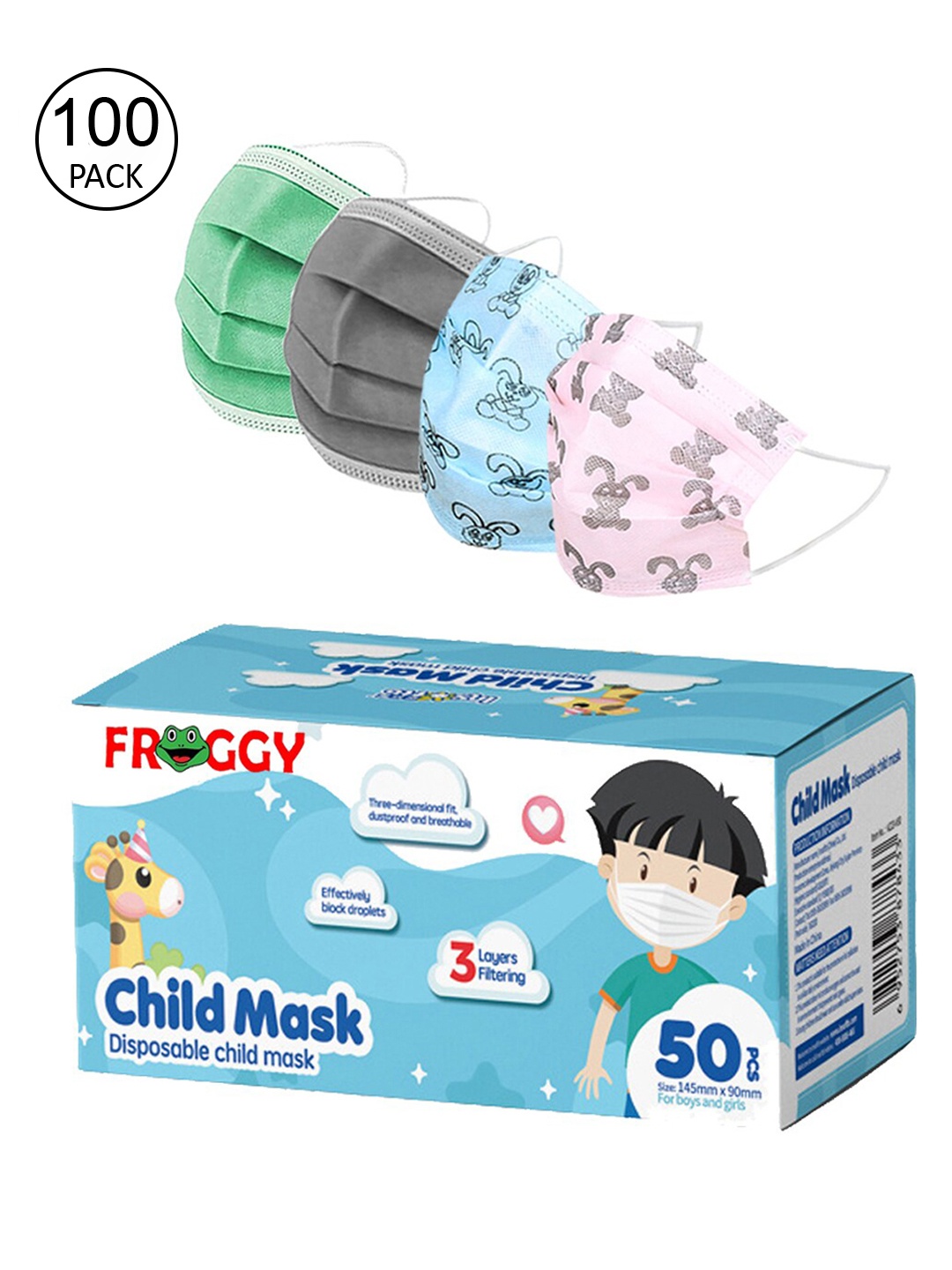 

FROGGY Kids Pack Of 100 3Ply Anti-Pollution Outdoor Face Mask, Green