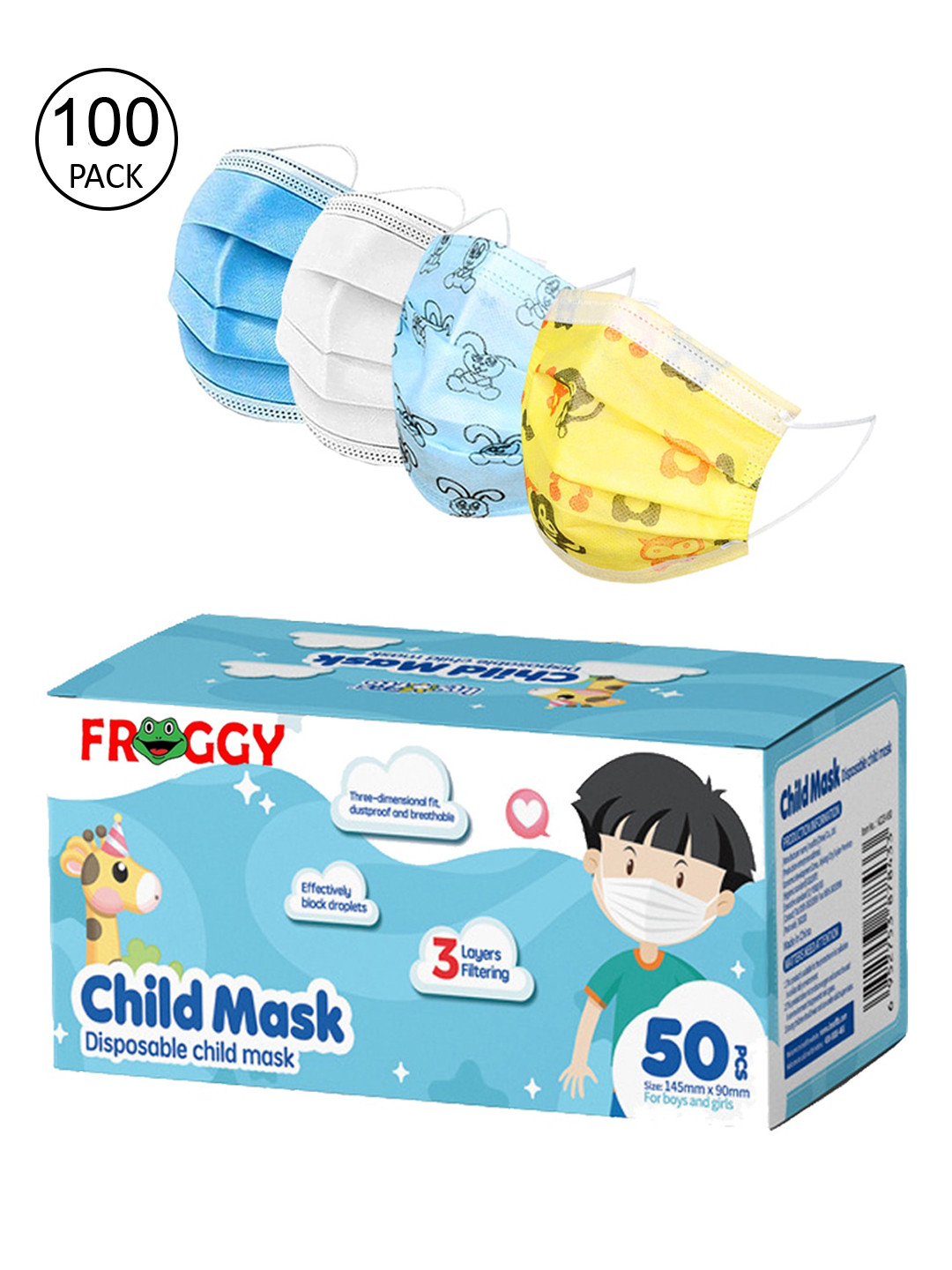 

FROGGY Kids Pack Of 100 Assorted 3-Ply Anti-Pollution Mask