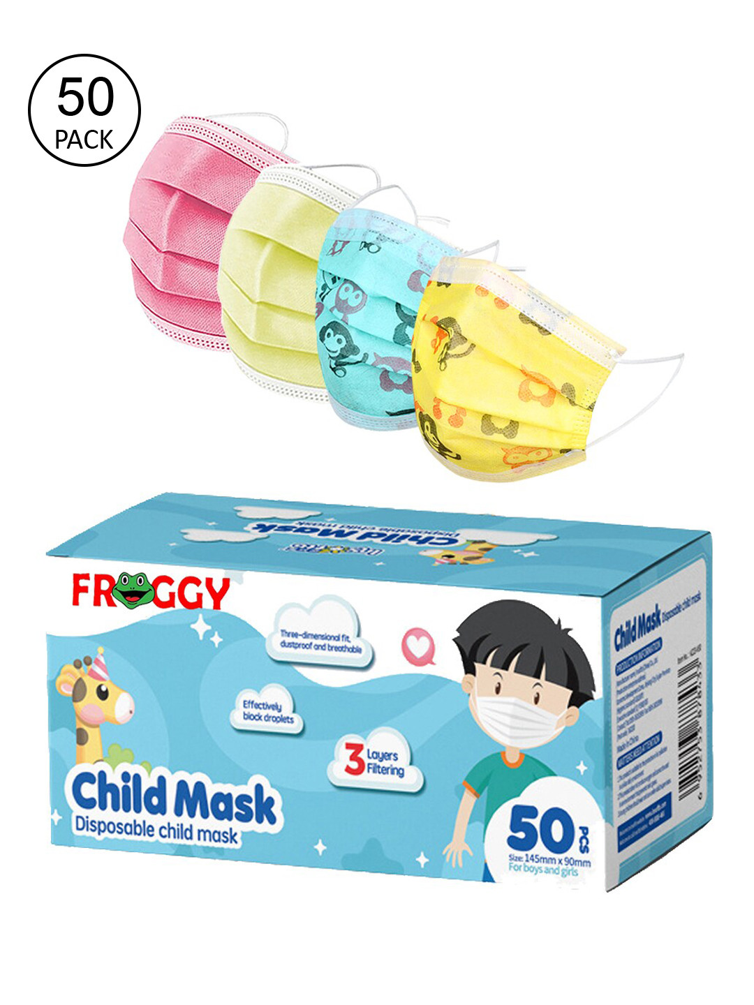 

FROGGY Pack Of 100 Assorted 3 Ply Anti-Pollution Mask With Nose-Pin