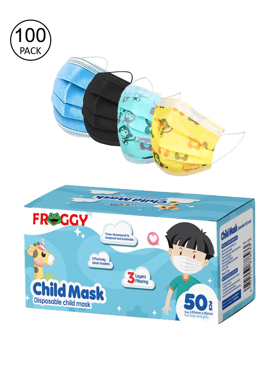 

FROGGY Unisex Kids Pack Of 100 Assorted 3ply Anti-Pollution Mask