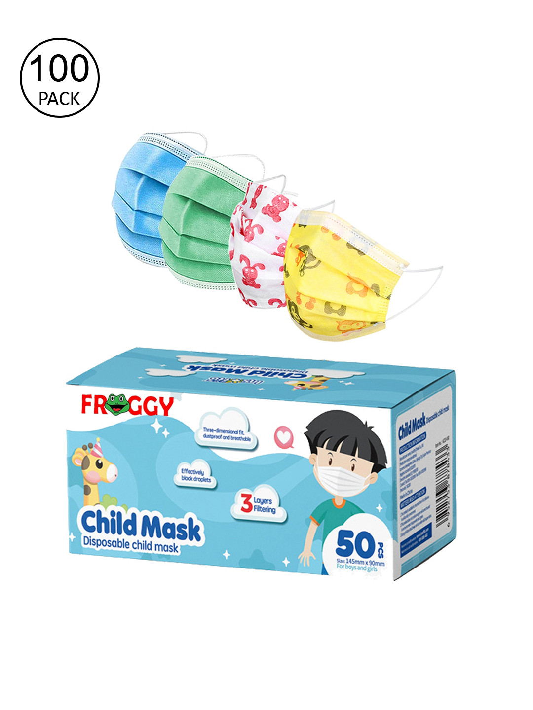 

FROGGY Unisex Pack Of 100 Assorted 3ply Anti-Pollution Mask With Nose-Pin, Multi