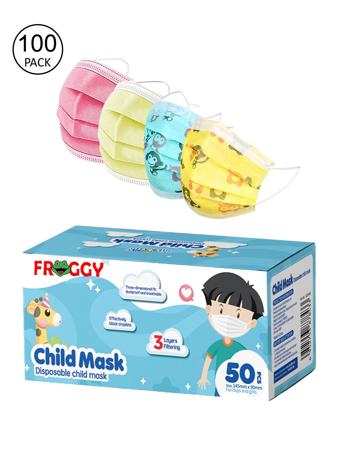 

FROGGY Kids Pack Of 100 3ply Anti-Pollution Mask With Nose-Pin, Assorted