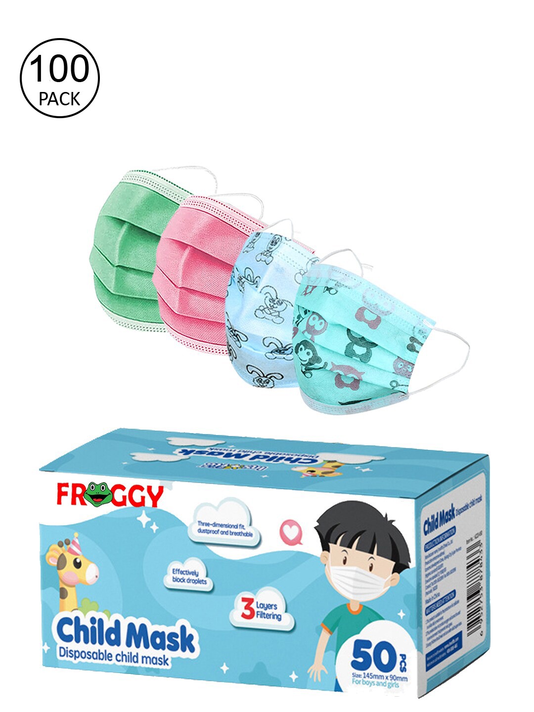

FROGGY Kids Set Of 100 Anti-Pollution Disposable Masks, Green