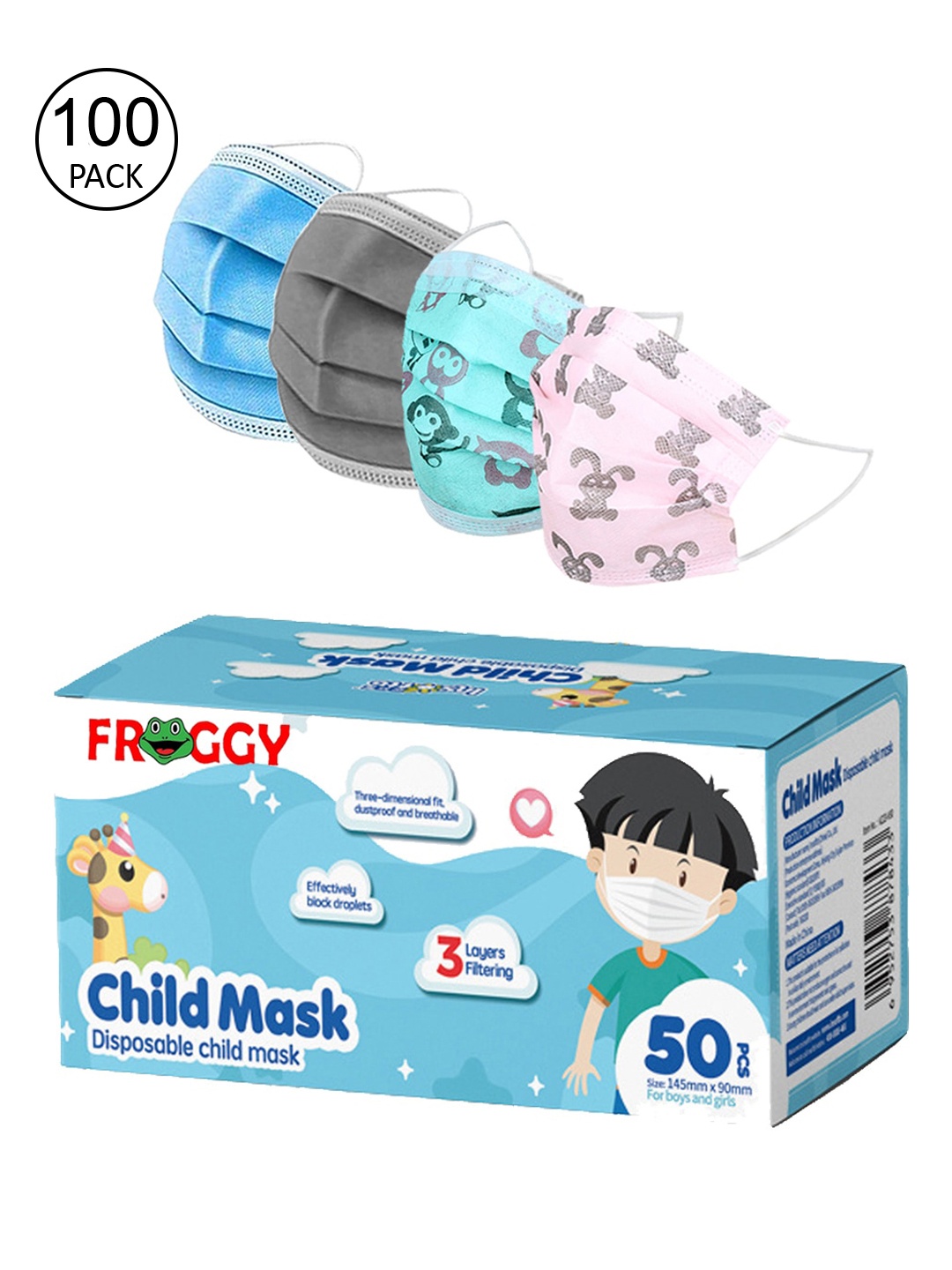 

FROGGY Pack Of 100 Assorted 3 Ply Anti-Pollution Disposable Surgical Mask