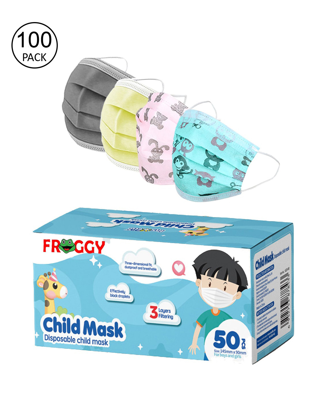 

FROGGY Kids Pack Of 100 3Ply Anti-Pollution Outdoor Face Mask, Grey